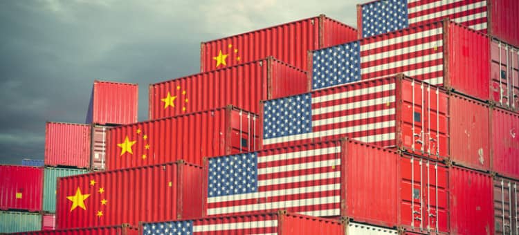 Stacked containers with American and Chinese flags